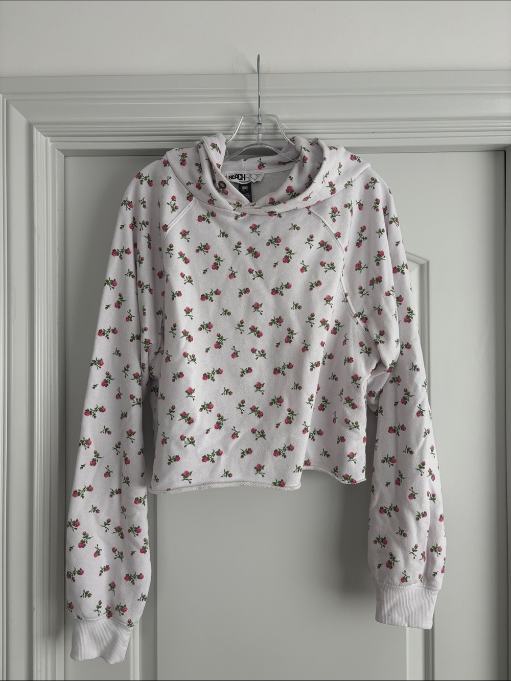 Beach Riot Hoodie with Pink Rose Print & Raw Hem, Size Large